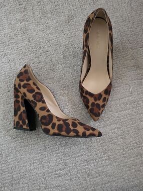 Nine West Leopard Print Pointed Toe Block Heel Pumps - Brown